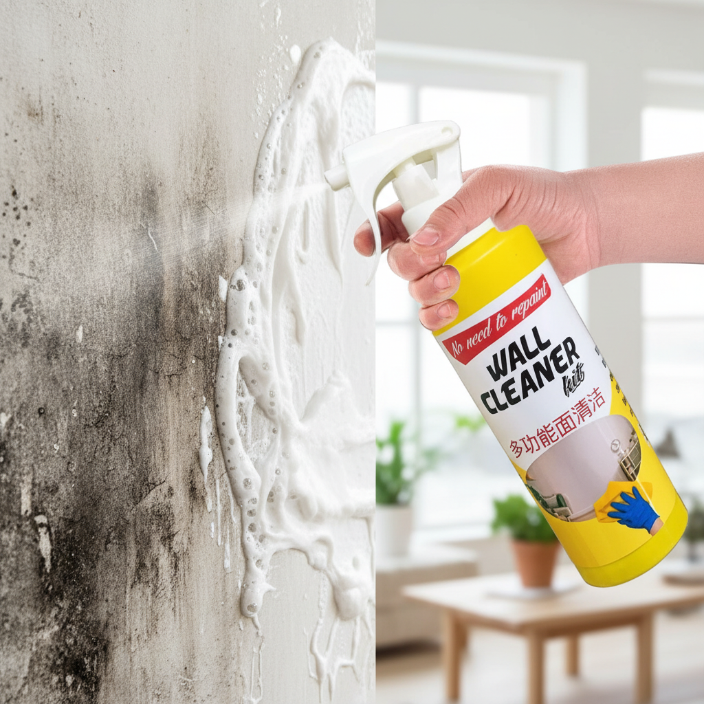 Wall cleaner spray foam dissolving black mold and stains on wall lifestyle photo