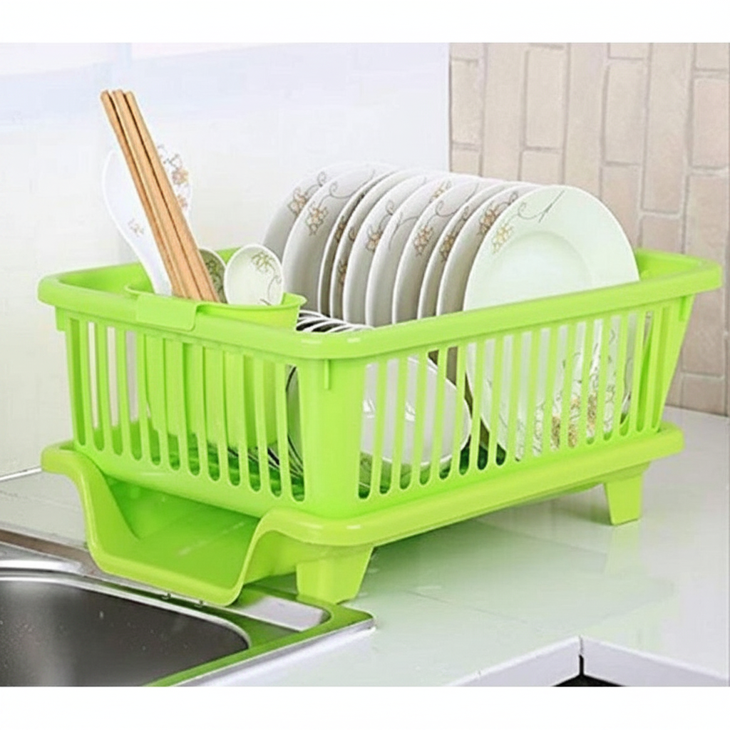Green fancy plate rack full of plates bowls and chopsticks kitchen counter near sink