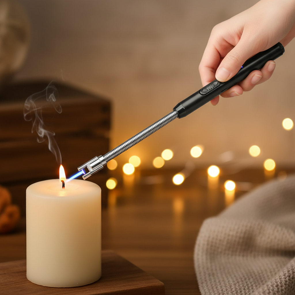Electric arc lighter lighting a candle lifestyle photo
