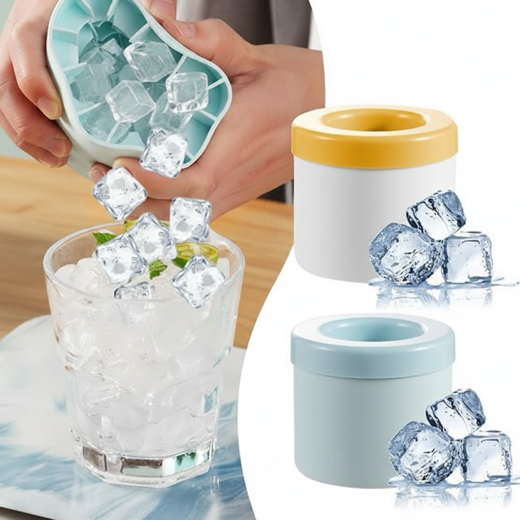 Ice cube maker silicone squeeze action lifestyle photo