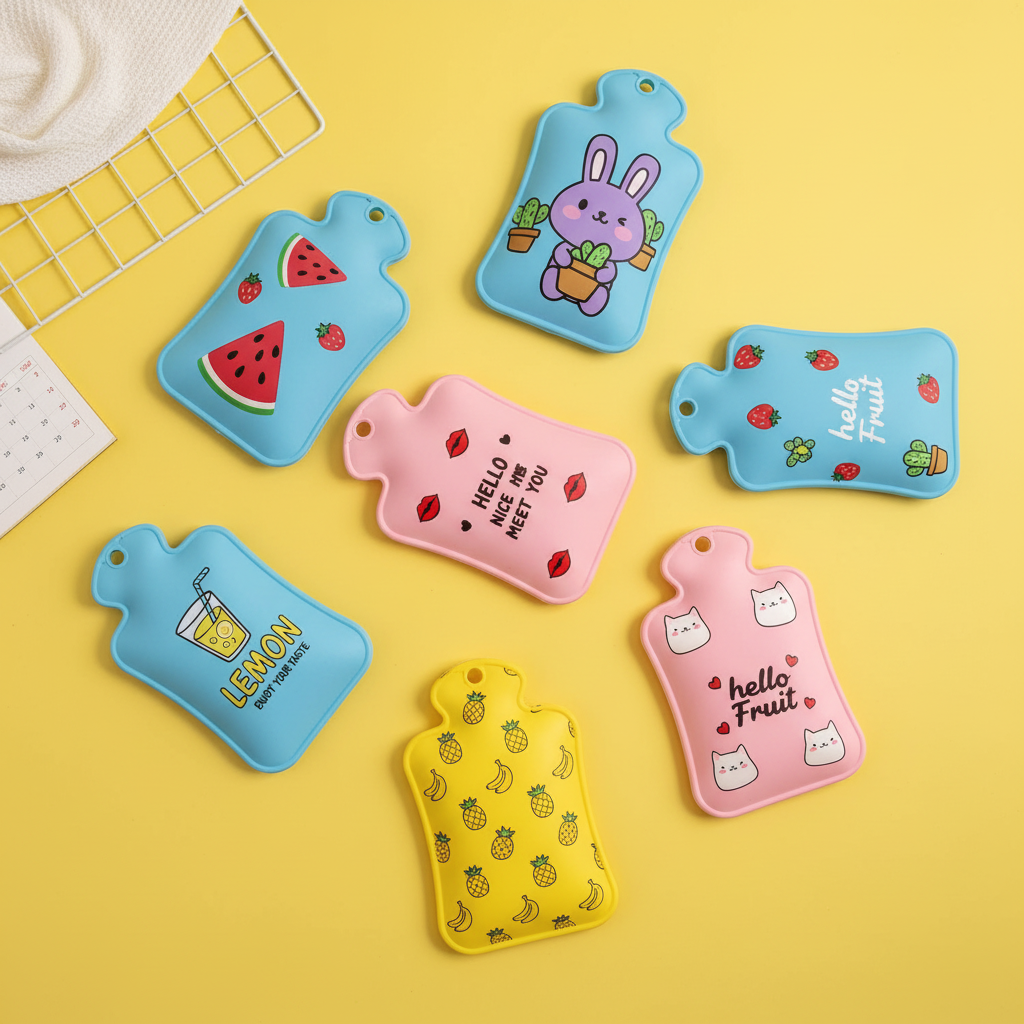 All cute cartoon hot water bag designs flat lay yellow background enhanced