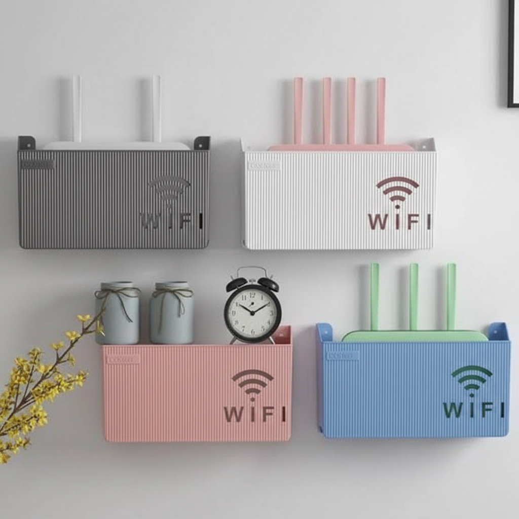 Four WiFi router wall mount boxes in all colors mounted on wall