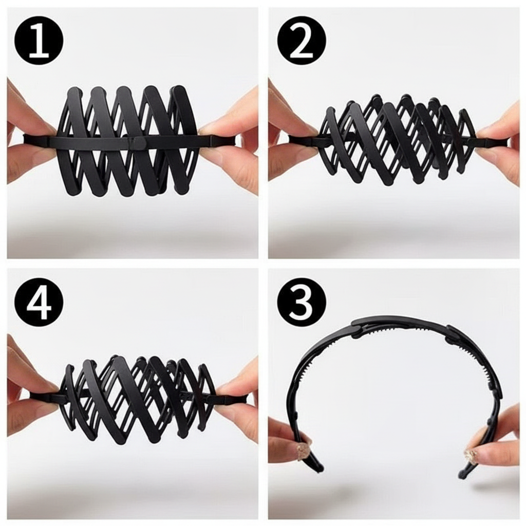 Black foldable hair band 4 step how to use guide compressed expanding half open fully open