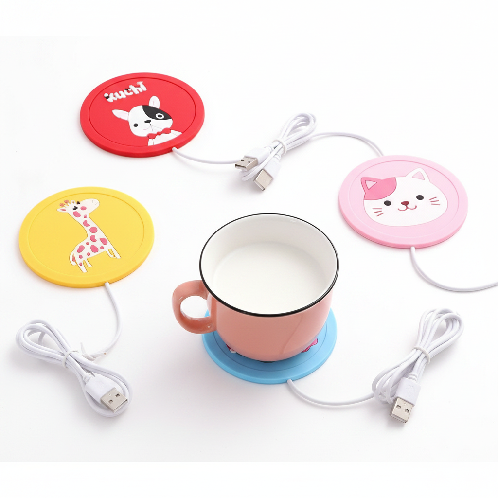 Four cartoon USB cup warmer pads in different colors flat lay white background
