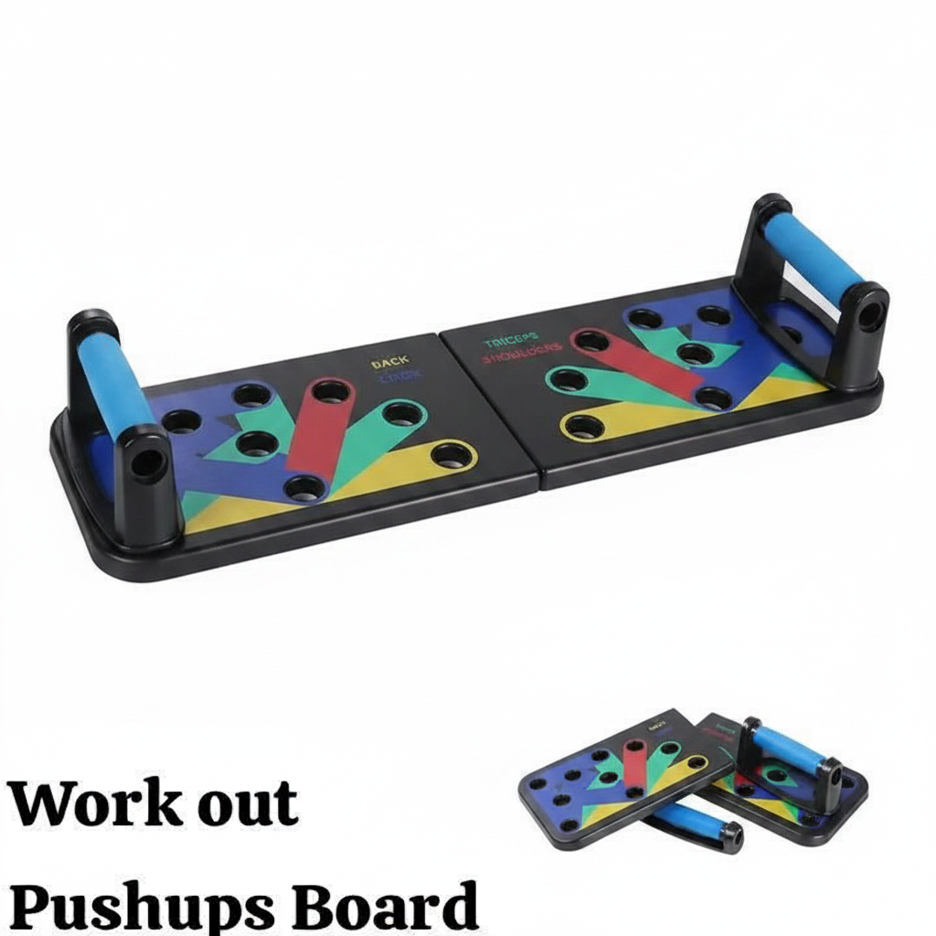 Colorful foldable pushup board flat lay showing all muscle group grip positions labels