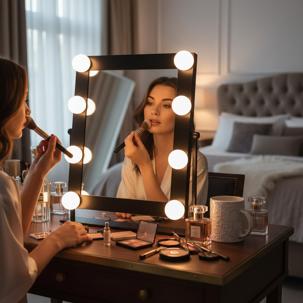 Woman doing makeup with vanity mirror LED lights lifestyle photo