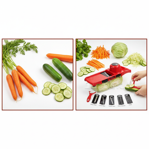 Before and after comparison of whole vegetables and perfectly sliced julienne vegetables using mandoline slicer
