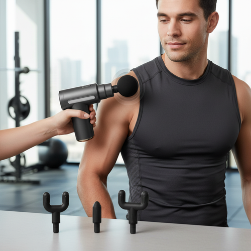 Electric massage gun being used on shoulder muscle for deep tissue relief lifestyle photo