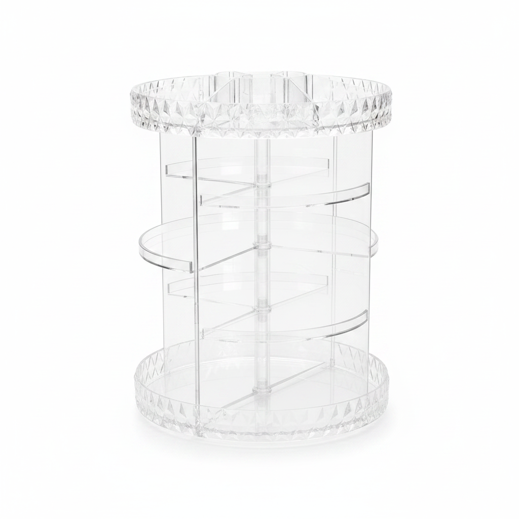 Clear acrylic 360 rotating organizer structure white background
