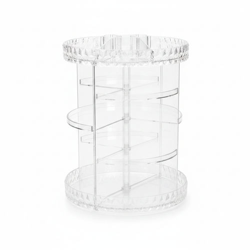Clear acrylic 360 rotating organizer structure white background