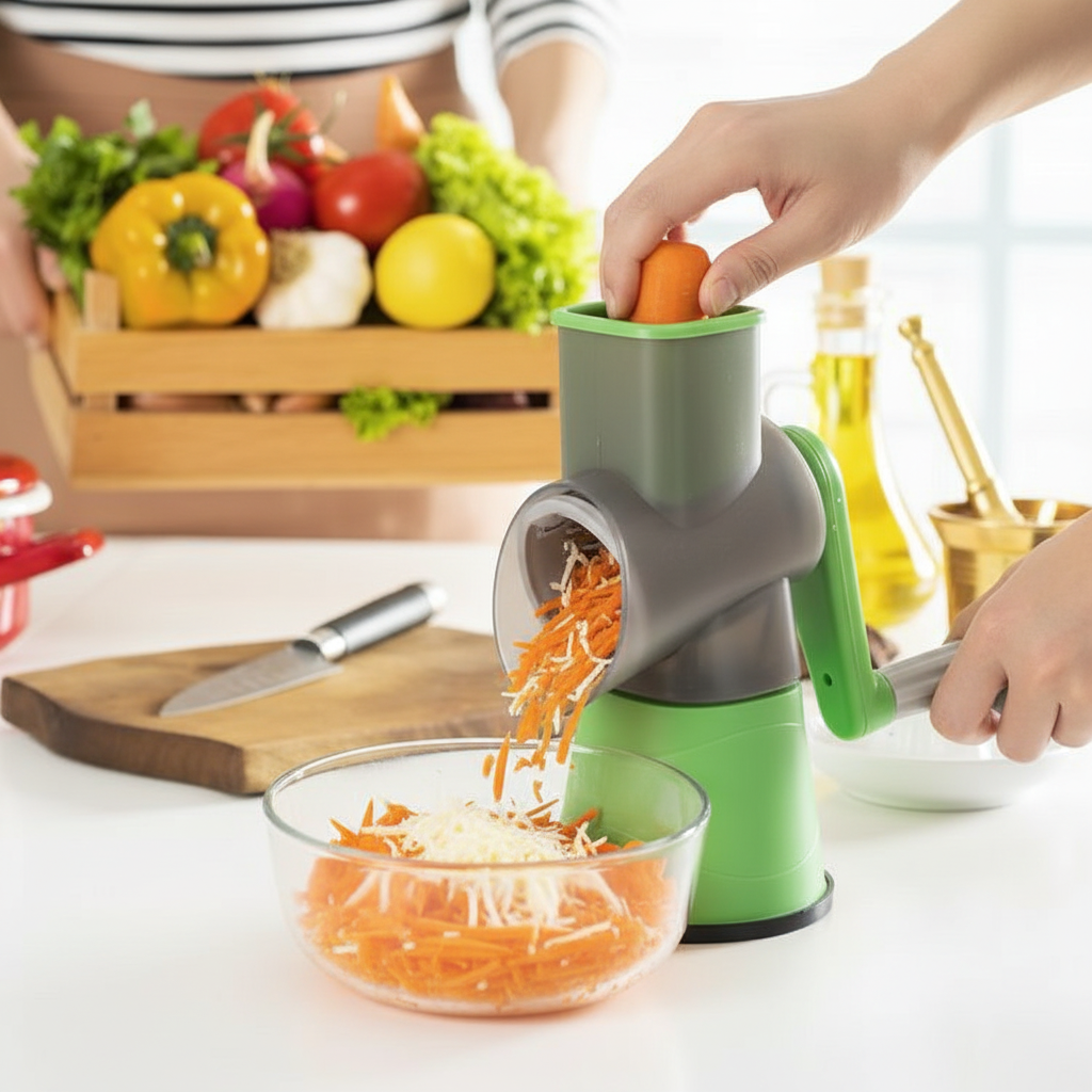 Green grey manual rotary drum grater grating carrots and cheese on kitchen counter lifestyle photo