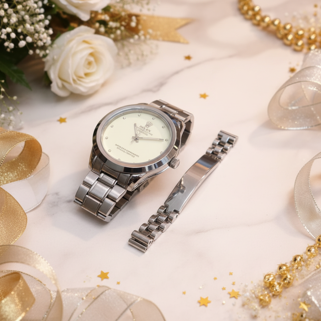 Silver watch close-up with cream dial