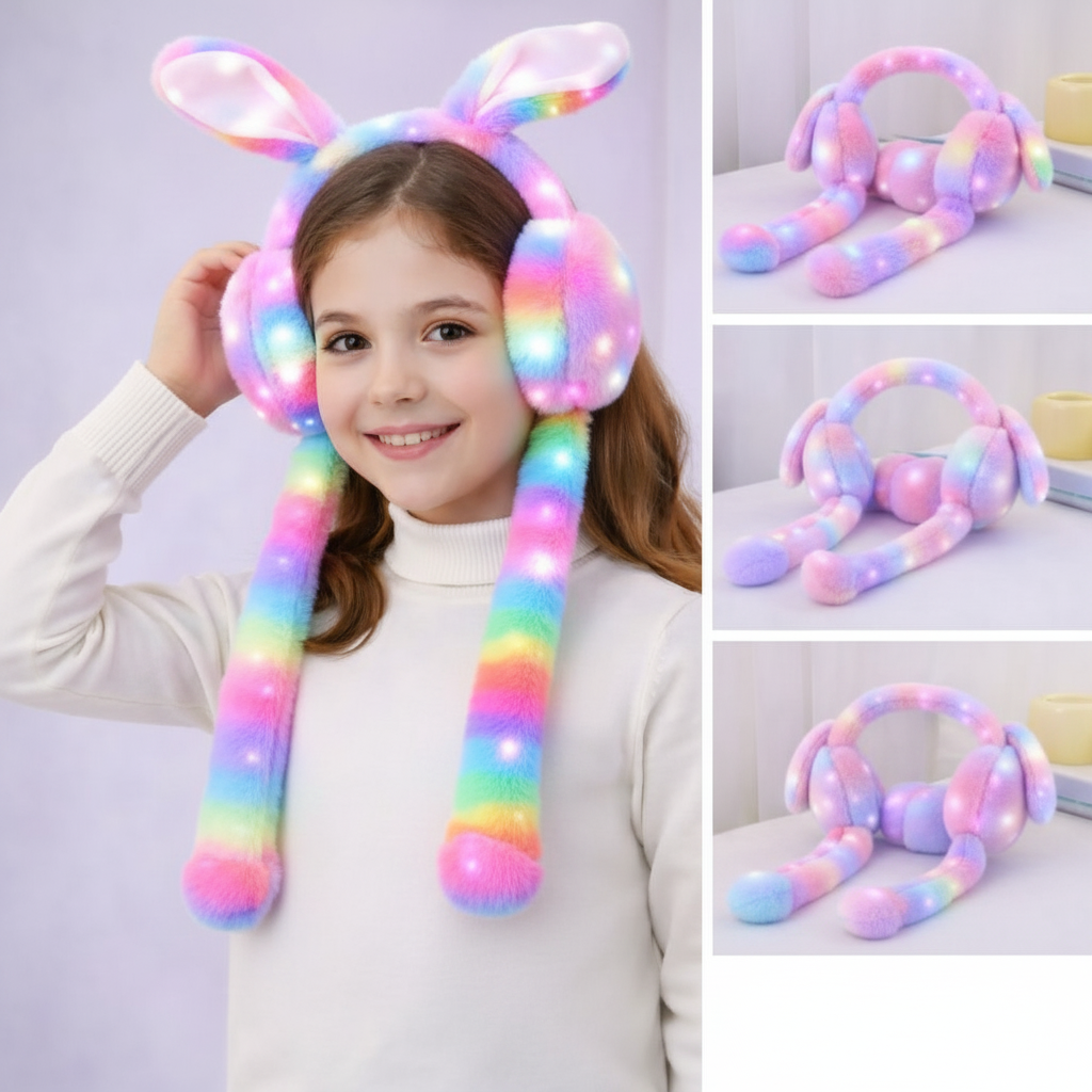 Cute girl wearing rainbow fluffy plush bunny ear earmuffs with LED lights glowing lifestyle photo
