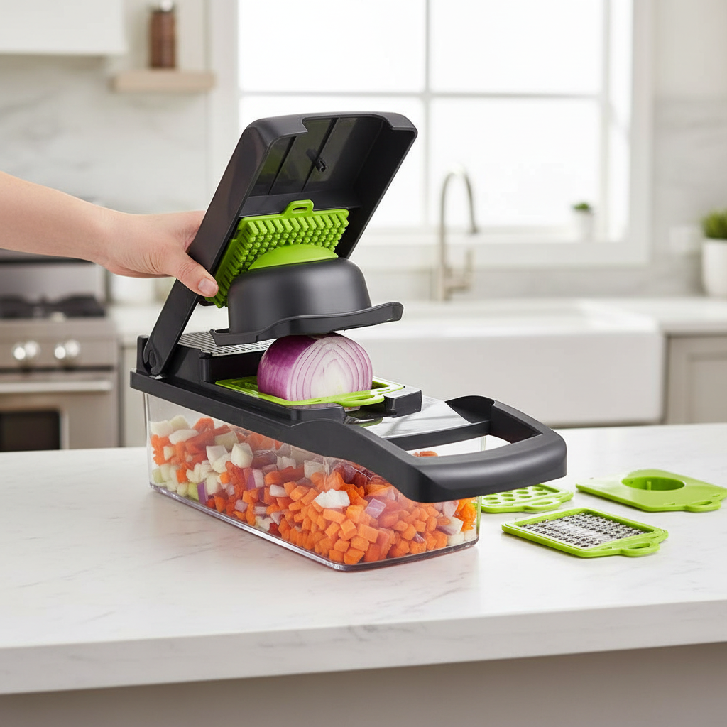 Black green 16 in 1 vegetable chopper dicing onions and colorful vegetables in modern kitchen