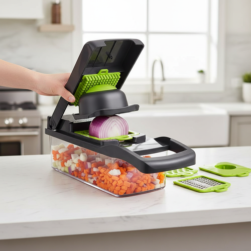 Black green 16 in 1 vegetable chopper dicing onions and colorful vegetables in modern kitchen