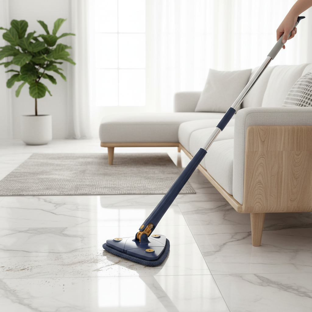Triangle mop cleaning marble floor reaching under furniture lifestyle photo