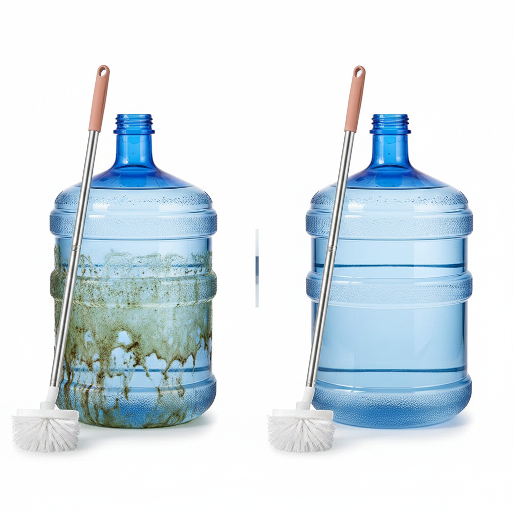 Before and after comparison of dirty and clean water gallon bottle after using cleaning brush