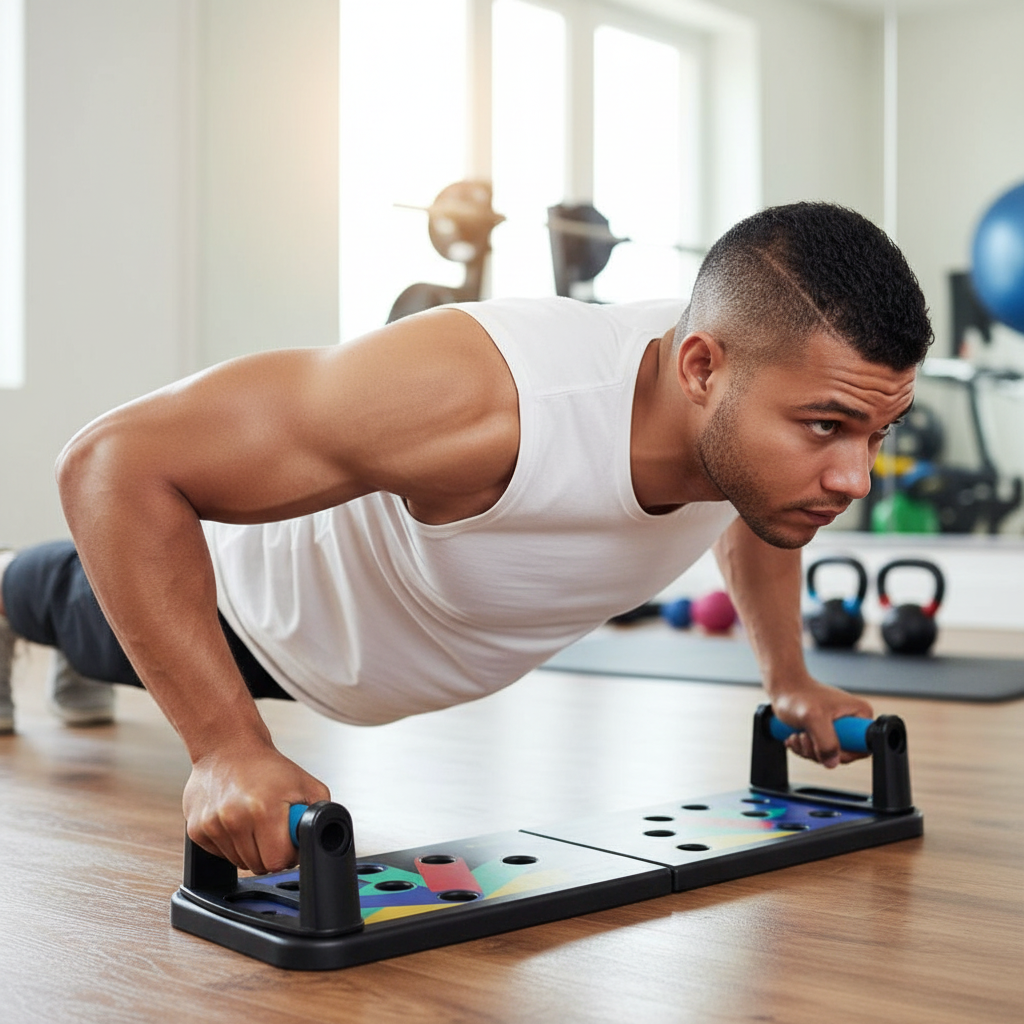 Man doing push-ups on colorful foldable push-up board in home gym lifestyle photo