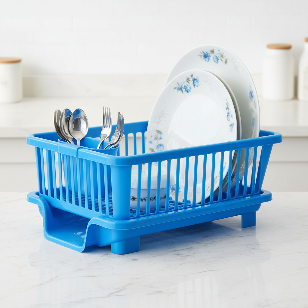 Blue fancy plastic dish drying rack with drainage tray and cutlery holder plates spoons arranged