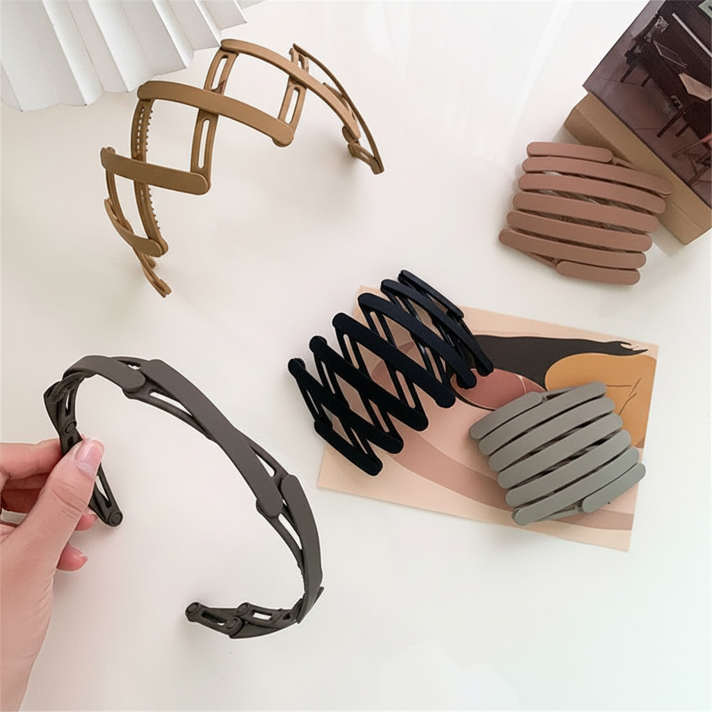 Foldable expandable hair claw headbands multiple matte colors lifestyle flat lay white surface