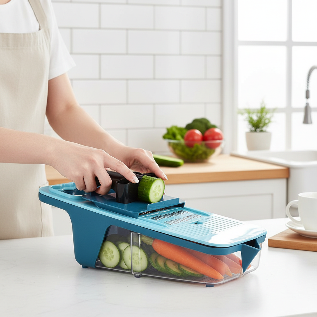 Blue 5 in 1 multi-function vegetable slicer being used to slice cucumbers and carrots lifestyle photo